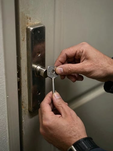 Close-up of a locksmith's hands inserting a pick into a deadbolt on a worn residential door, high-contrast direct strobe light, steel tools visible on a work belt, gritty documentary framing