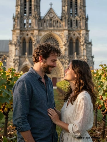 Portrait intimiste d'un couple marchant et riant au cœur des vignes de Reims, lumière de fin de journée chaleureuse, mise au point douce.