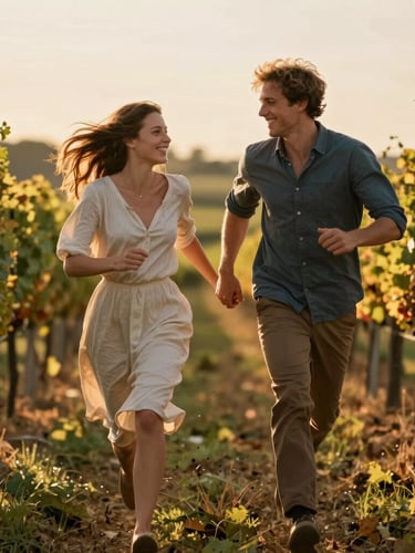 A joyful young couple running through a golden-hour vineyard in Reims, warm backlighting, shallow depth of field, natural motion, cinematic style.