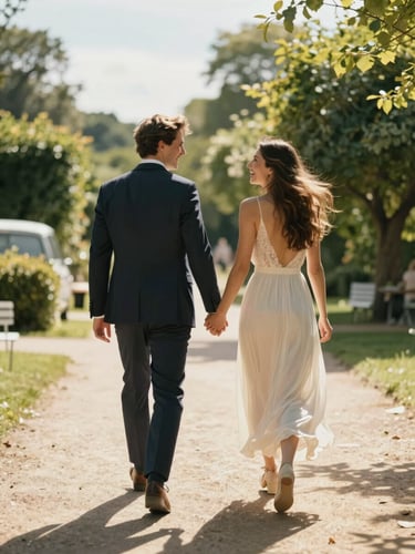 A couple walking hand in hand through a sun-drenched pathway in Champagne, laughing spontaneously, back view, cinematic lighting.
