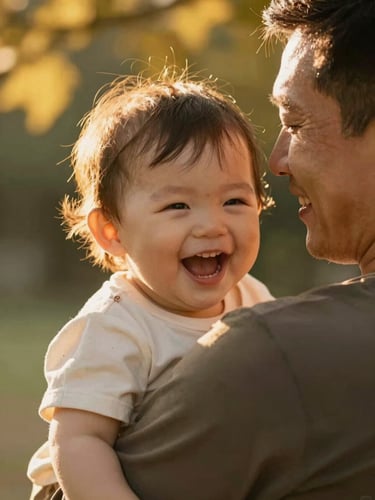 Close up of a father holding his laughing toddler, warm golden sunlight filtering through leaves, soft focus, intimate family portrait.