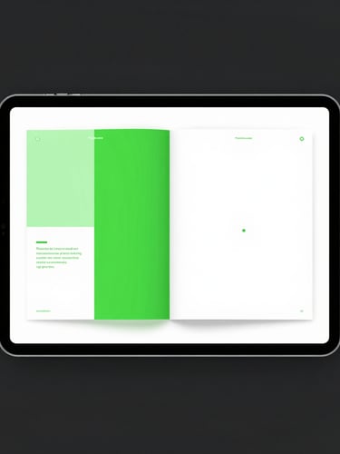 Straight-on clean digital product mockup of a tablet showing interior pages of a PDF guide, vibrant electric green accents, sharp digital studio light, high-contrast dark background