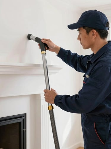 A professional chimney technician in a clean navy uniform adjusting a modern vacuum hose assembly near a fireplace hearth, bright natural indoor daylight, crisp focus.