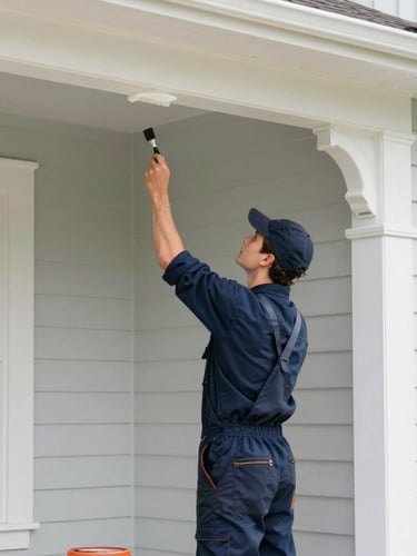 A professional painter in a clean navy uniform carefully painting white trim on a house exterior, bright natural daylight, 35mm lens
