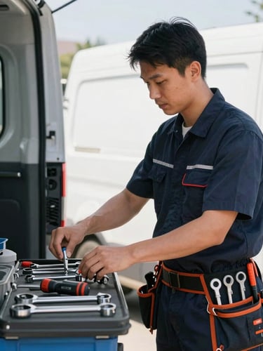 A professional technician in a clean navy uniform with a tool belt, organizing high-quality tools in a bright, daylight-filled service van, sharp focus, 35mm lens.