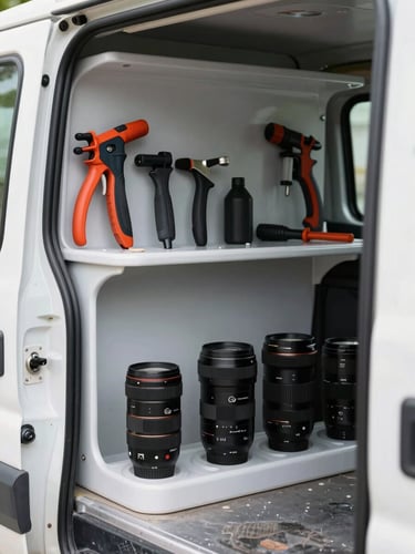 A close-up of organized professional tools in a clean service truck, bright natural daylight, sharp focus, 35mm lens