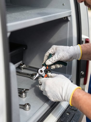 A close-up of a technician's hands in protective gloves organizing clean, professional tools inside a well-lit utility truck, bright natural daylight, sharp focus.