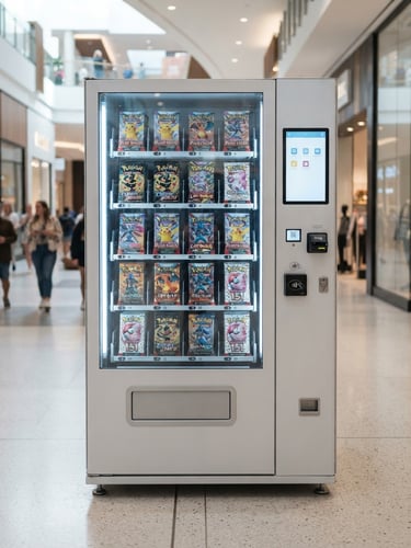 A modern KamiCard vending machine installed in a brightly lit, clean shopping mall hallway, displaying colorful Pokémon card packs behind glass, sharp focus, 35mm lens