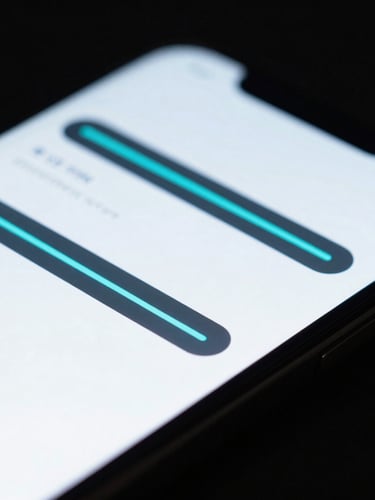 Macro close-up of a dark physical mobile screen displaying a crisp native UI layout with glowing cyan lines, cool studio lighting, shallow depth of field