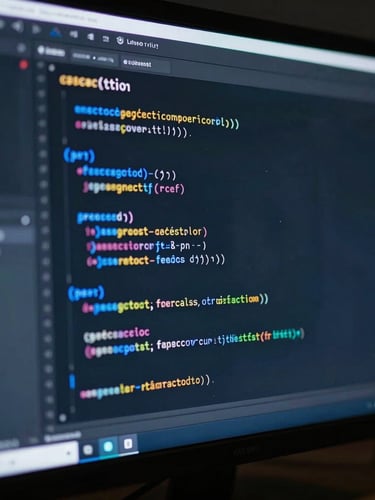 Extreme close-up of clean code on a high-end monitor, low-key moody studio lighting with sharp single-source blue highlights, architectural precision.