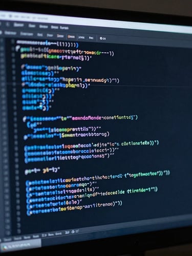 Extreme close-up of a high-end monitor displaying structured monospace code, sharp electric blue highlights on dark screen, low-key moody studio lighting, clean geometric lines.