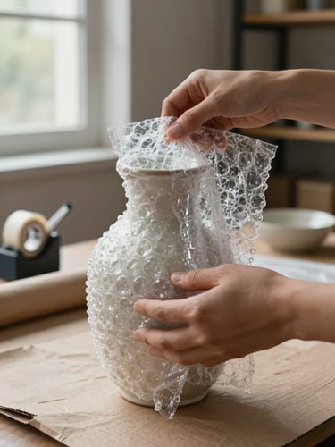 Extreme close-up of hands layering bubble wrap around a ceramic vase on a packing table, natural warehouse daylight from a side window, tape dispenser and kraft paper visible alongside