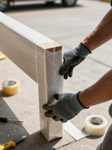 Close-up of gloved hands securing a wrapped furniture leg with stretch film on a loading dock, natural warehouse daylight, tools and packing tape visible in background