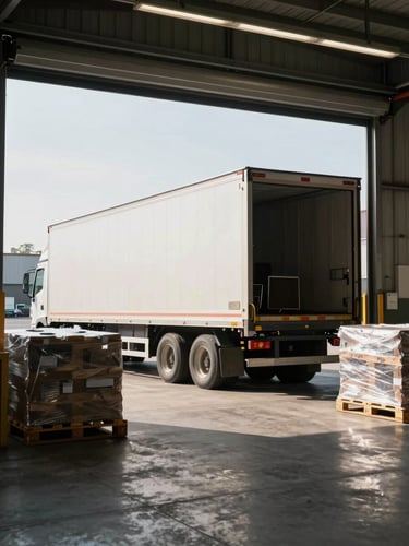 Wide environmental shot of a loading bay interior in natural daylight, a large moving truck backed up to the dock, pallets and wrapped furniture visible in the foreground, no people, industrial floor and high warehouse ceiling framing the scene