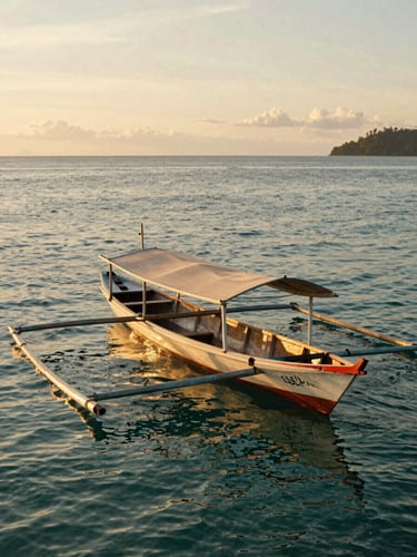 A serene golden hour photo of a local wooden boat sailing on the calm turquoise waters of Labuan Bajo, with soft warm sunlight reflecting on the sea, editorial travel style, 35mm lens.
