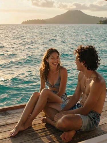 Candid shot of a young couple laughing on a wooden boat deck in Labuan Bajo, golden hour sunlight reflecting off the turquoise water, warm tropical editorial travel photography, 35mm lens