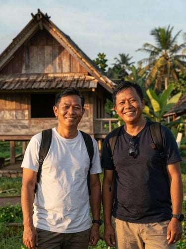 A warm, candid portrait of two Indonesian travel guides smiling next to a traditional wooden house in a lush green village during golden hour, natural lighting, authentic editorial style.