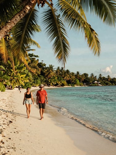 A local guide and travelers walking along a secluded white sand beach in Maluku, crystal clear turquoise water, lush tropical palms overhang the shore, warm afternoon sun.