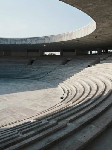 Wide, epic, isolated environmental shot of empty modern concrete stadium architecture, sharp key lights casting long shadows, cool-toned.