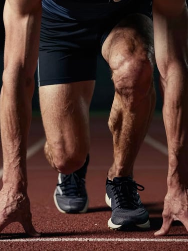 Extreme close-up of a runner's tensed leg muscles at the starting block, high-contrast chiaroscuro lighting, deep shadows, raw physical effort.