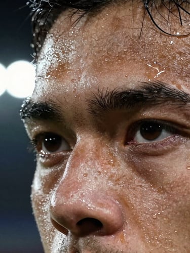 Extreme close-up of an athlete's focused eyes glistening with sweat under cool, sharp stadium key lights, dark chiaroscuro background, high-contrast athletic brutalism.