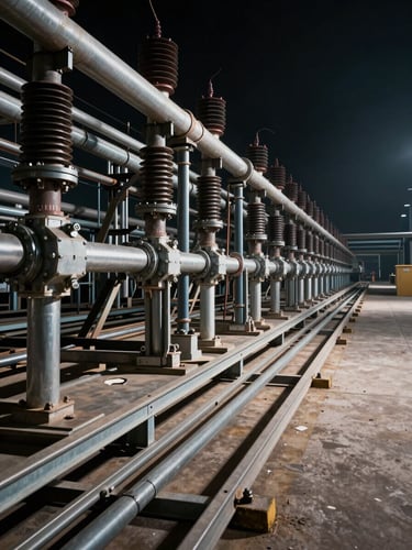 Wide industrial plant floor shot from the left side, heavy electrical conduit systems running along steel cable trays toward the right edge, hard directional overhead lighting casting strong shadows across metal fittings and armored cables, dark background with precise material detail