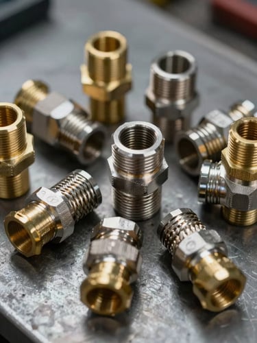 Macro close-up of stainless steel braided conduit and brass cable glands arranged on a dark metal workshop surface, hard side-lit to reveal thread texture and material sheen, tight framing showing product scale with visible certification markings on gland bodies