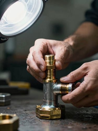Close-up of hands tightening a brass cable gland onto a steel conduit fitting, hard directional strobe light from above-left showing threading detail and metal texture, industrial workshop bench surface visible below, dark background