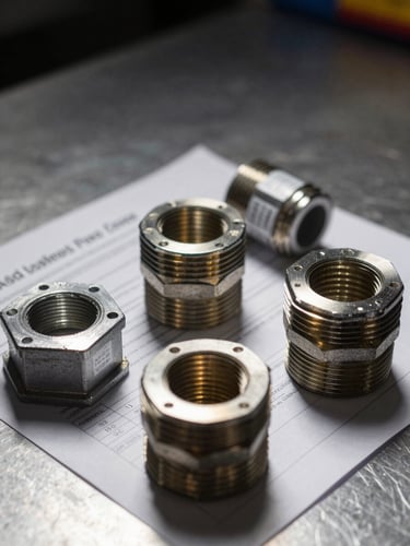 Close-up of certified cable gland and conduit fitting components arranged on a dark steel surface under hard directional studio light, certification label tags and compliance documentation papers partially visible beneath the components, shallow depth of field, industrial macro framing