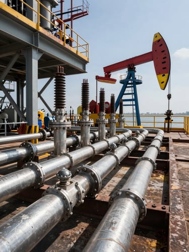 Wide panoramic view of an industrial oil platform electrical conduit installation, dense runs of steel conduit and cable glands across a steel deck, hard directional industrial lighting casting sharp shadows on the fittings, equipment visible in background right, open steel framework to the left