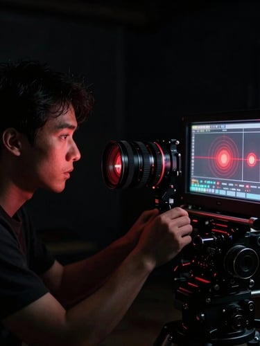 Close-up de um diretor de fotografia ajustando um monitor de referência em um estúdio escuro, com reflexos suaves de luz vermelha no rosto, cinematic film photography, dramatic high-contrast lighting, deep blacks with subtle red accents, anamorphic lens, 35mm, portrait aspect.