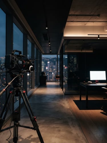 Wide panoramic shot of a modern, sleek corporate office interior at dusk, with controlled, dramatic lighting, a camera on a tripod in the foreground, and a blurred cityscape visible through large windows. Cinematic high-contrast minimalism, deep blacks, subtle red accents.