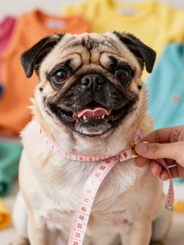 Close-up of a tailor measuring tape gently wrapping around a happy pug's chest, warm natural daylight, soft focus on colorful fabrics, 50mm