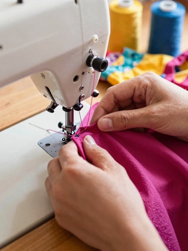 Close-up of hands carefully stitching a vibrant magenta fabric on an old sewing machine in a warm, sunlit workshop in Celaya, threads and colorful pet clothing patterns visible