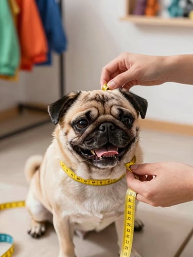 Close-up of hands carefully measuring a happy pug with a soft yellow measuring tape in a bright Celaya workshop, warm natural light, 50mm
