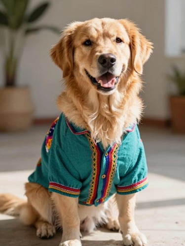 Warm natural light photography, a happy golden retriever wearing a colorful handcrafted Mexican teal shirt, sitting calmly, 50mm, shallow depth of field