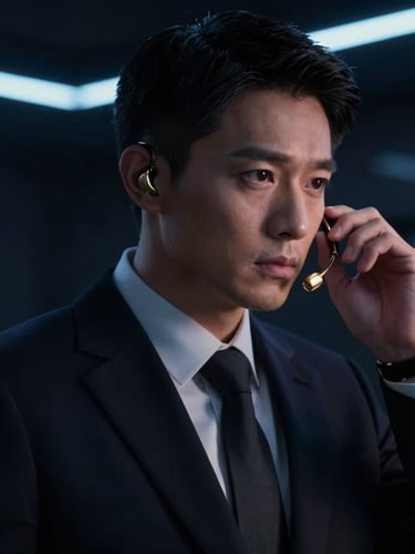 Medium close-up of a security professional in an elegant dark suit adjusting a gold earpiece, dramatic neon rim light, deep shadows, dark luxury aesthetic