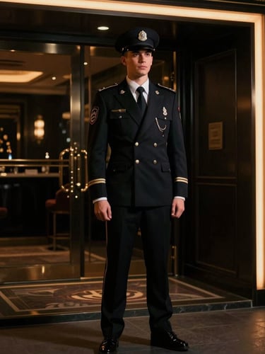 Cinematic low-key photography of a sharp, impeccably uniformed security professional in a dark tailored suit standing outside a luxury club entrance, subtle amber neon rim light, deep shadows, 35mm lens