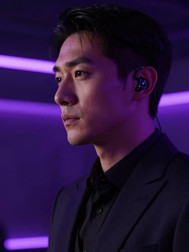 Cinematic close-up of a security professional with a discreet earpiece, looking away, dark elegant suit, dramatic low-key lighting, soft purple ambient club glow, high contrast