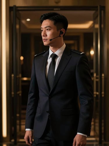 Cinematic low-key photography of an elegant security professional in a bespoke dark suit, wearing a discreet communication earpiece, standing at the entrance of a luxury nightclub with soft golden ambient light spills and deep shadows, 35mm anamorphic lens.
