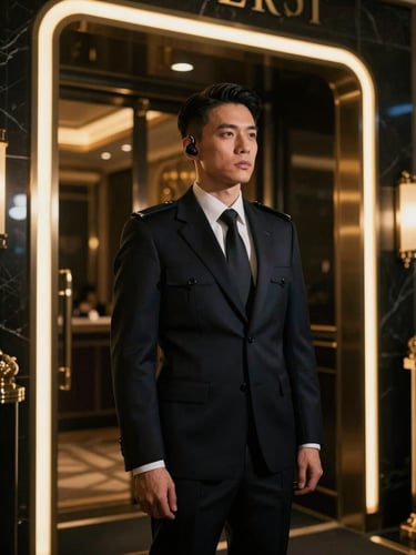 Cinematic low-key photography of a sharp security officer in an elegant dark suit, communication earpiece, standing quietly at a luxury club entrance, dramatic neon gold rim light, deep shadows.