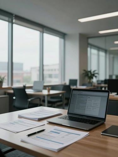 Wide shot of a quiet modern office interior, organized desk with project documents and a laptop in the foreground, large window casting natural daylight across the workspace, cool northern light, no people visible