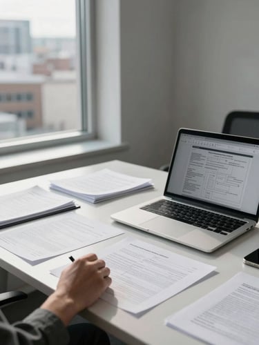 Wide environmental view of a clean modern office desk — organized documents, a laptop open to a project plan, a hand resting on a printed report, natural daylight from a large window to the left, calm and focused atmosphere, no people visible, York Ontario setting