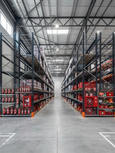 Straight-on architectural shot of a modern industrial warehouse interior, clean concrete floor, red fire safety equipment stacked neatly on high steel shelves, cool daylight.