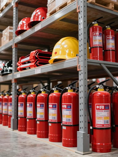 Crisp industrial photography of a clean warehouse interior, heavy-duty shelving stacked with red fire extinguishers and safety gear, bright clean daylight, architectural low-angle framing