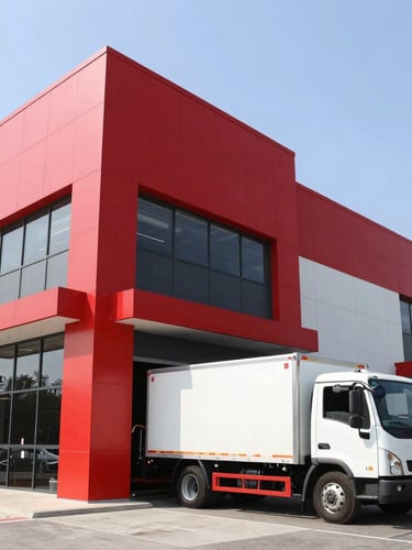 Low-angle architectural shot of a modern commercial building exterior, clean lines, bright daylight, a professional delivery truck parked outside with fire safety supplies being unloaded, sharp focus.