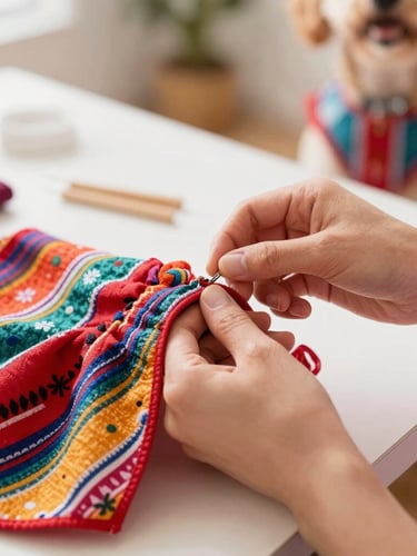 Hands of an artisan carefully sewing a colorful pet dress in a bright, warm workshop, fabrics with Mexican patterns visible, soft natural light