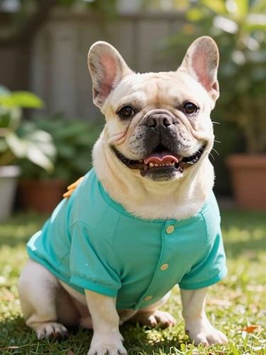 A happy French Bulldog wearing a bright teal artisanal summer shirt, sitting in a sunlit garden, warm natural light, shallow depth of field
