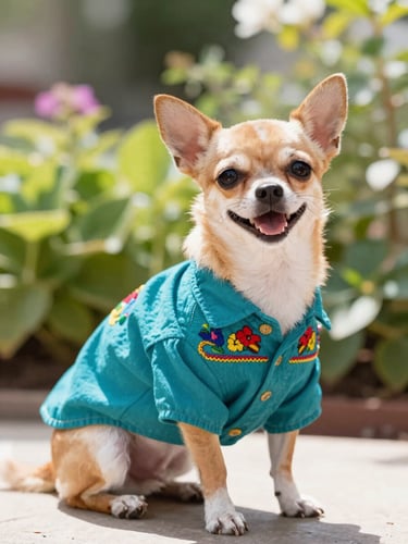 A happy small chihuahua wearing a vibrant teal Mexican embroidered shirt, sitting in a bright sunlit garden, warm natural light, shallow depth of field