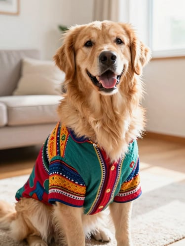A happy golden retriever wearing a colorful, vibrant artisanal Mexican shirt sitting in a bright, sunlit living room, warm natural light, eye-level medium shot